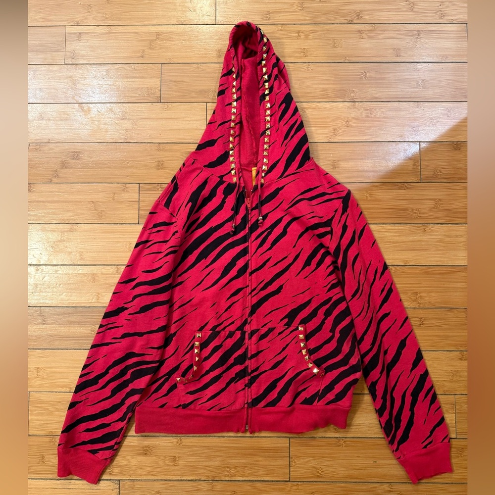 Abbey Dawn Inspired Red black Zebra Tiger Stripe zip up hoodie gold studs